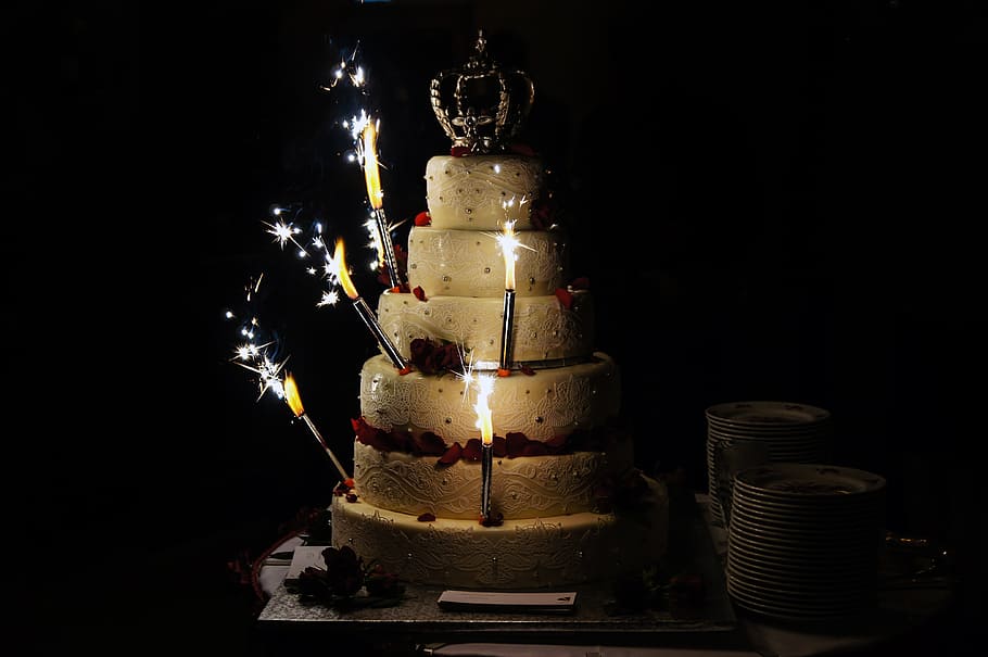 white, 5-layer, 5- layer cake, candles, wedding cake, lights, love, cake, light, heart