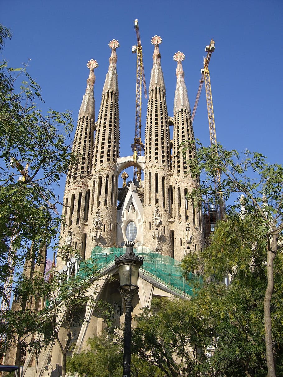 Spain, Catalonia, Barcelona, Gaudí, architecture, la sagrada familia, church, art, tree, low angle view