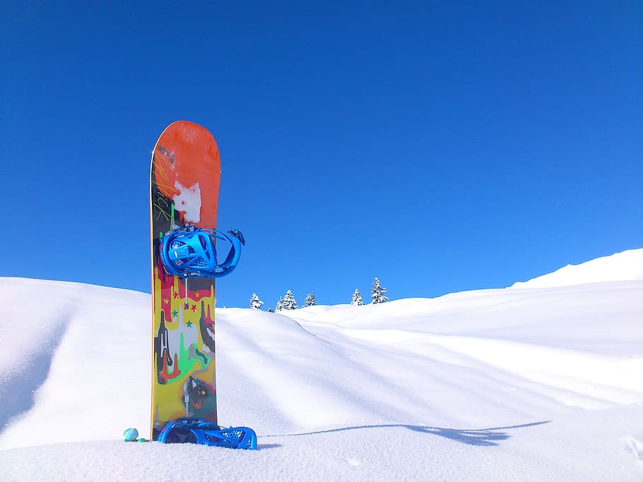 orange, yellow, snowboard, snow, red, yellow, and blue, winter, winter sports, sport, cold