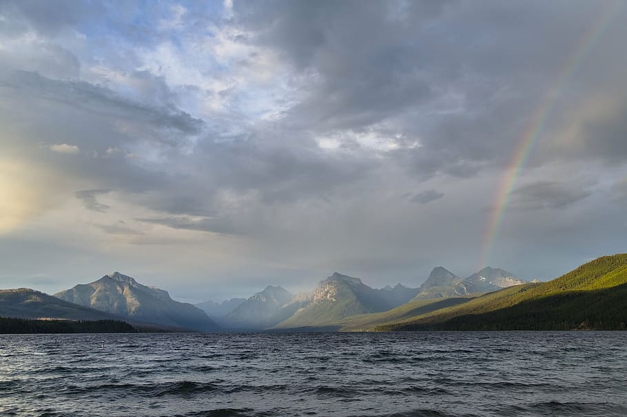 mountains, body, water, daytime, landscape, rainbow, lake mcdonald, glacier national park, montana, usa