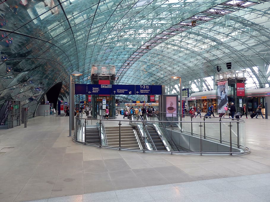 frankfurt am main germany, airport, airport train station, hall, glass roof, wide, escalator, architecture, structure, transparency