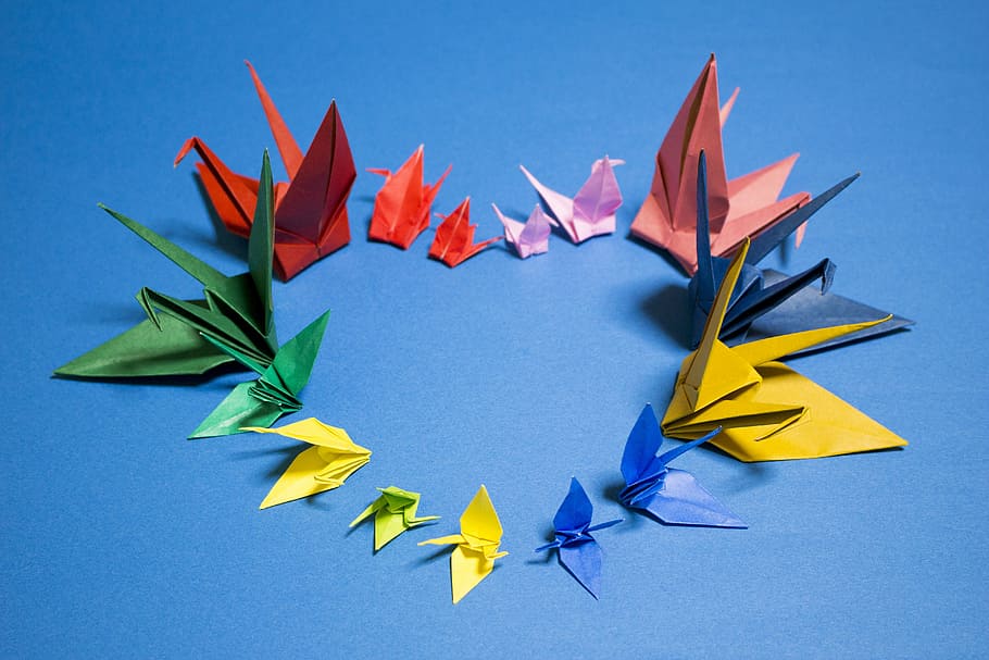 assorted-color bird origami, blue, surface, origami, crane, japan, heart, love, please, hope