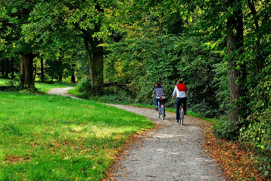two, person, riding, bicycles, gray, pathway, cycling, cyclists, bicycle tour, tour