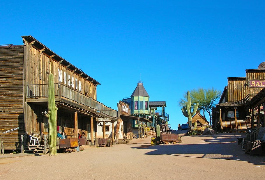 green, brown, wooden, houses, cactus plants, daytime, saloon bar, ghost town, goldfield, arizona