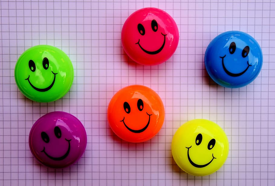 six, assorted-color smiley decors, Smilies, Smile, funny, cheerful, colorful, faces, laugh, cute