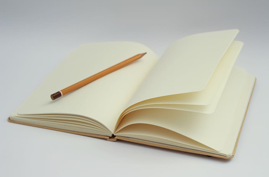 branco, aberto, caderno, foto a lápis, escrevendo, página em branco, início, começo, idéias, lápis