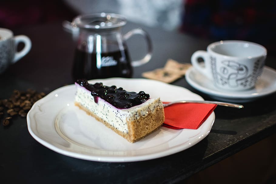 poppy seed, blueberries, Cheesecake, café, cake, dessert, pastry, sweet, food, plate
