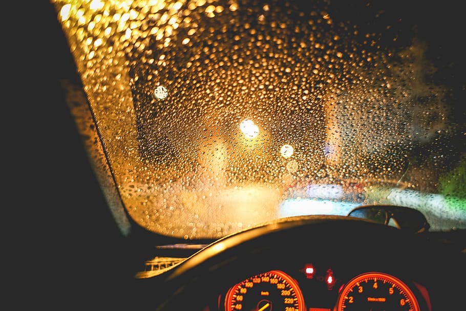 noite, chuvoso, vista, carro, à noite, carros, gotas, chuva, gotas de chuva, velocidade