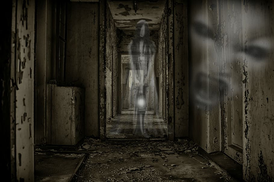 ghost, aisle illustration, creepy, ghosts, abandoned building, weird, architecture, abandoned, old, history