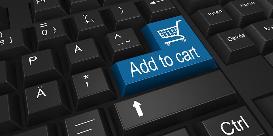 en línea, compras, comercio electrónico, carrito, agregar, teclado, comprar, internet, cliente, computadora