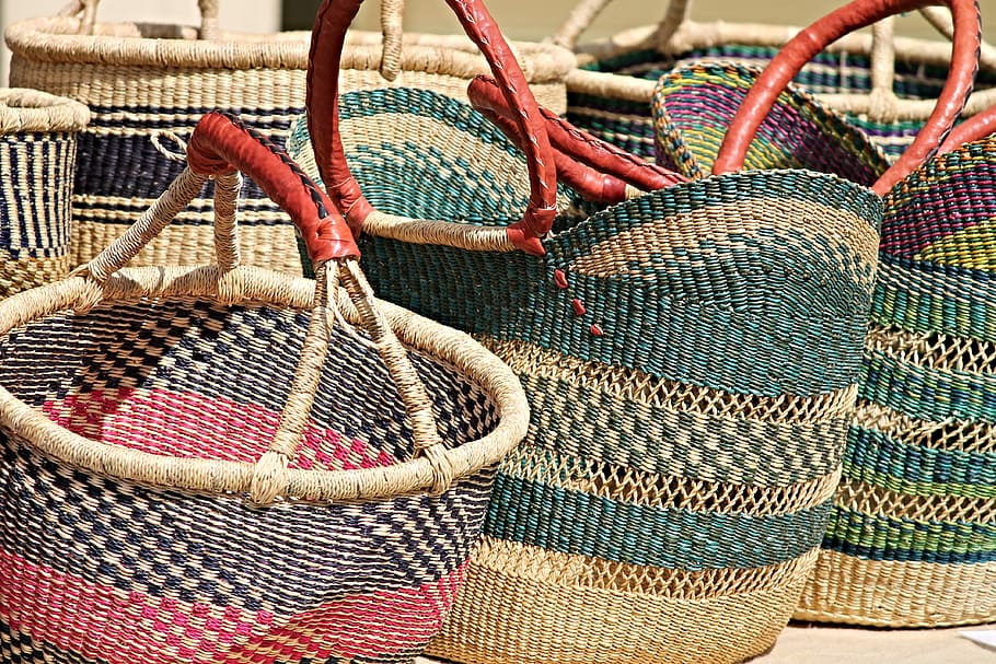 brown, pink, wicker baskets, baskets, craft, sales stand, wickerwork, wicker, weave, shopping bags