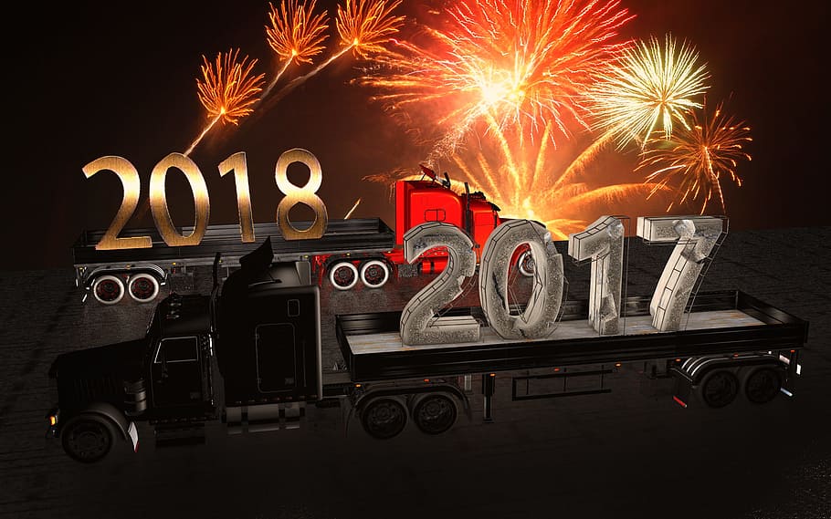 black, brown, red, 2018 2017 truck illustration, new year's eve, 2017, 2018, fireworks, turn of the year, annual financial statements
