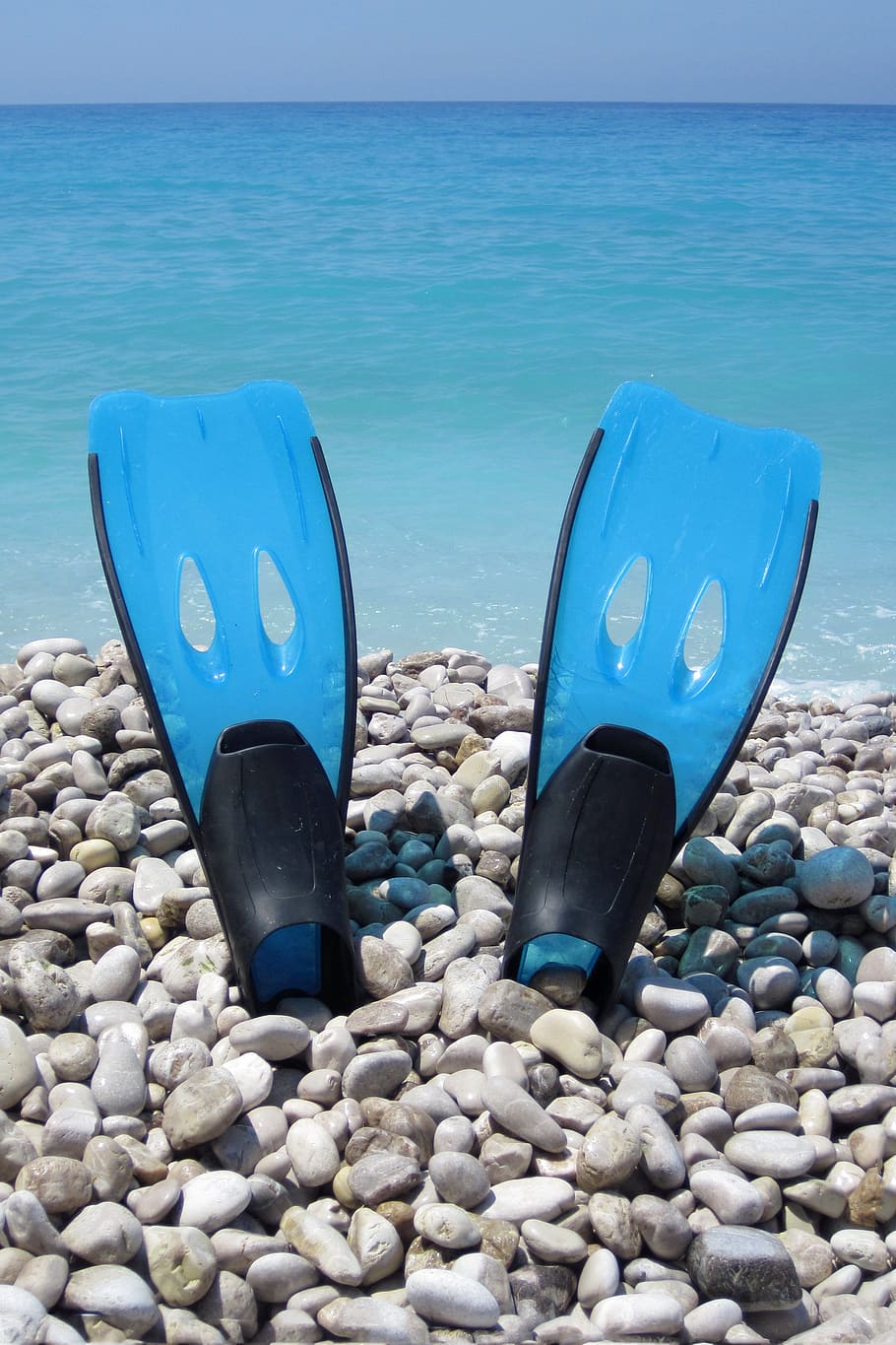 pair, flippers, stone, covered, shore, day, beach, blue, diving, fins