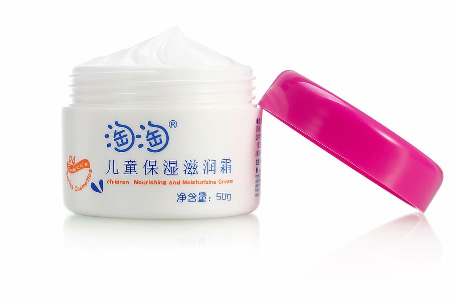 white plastic container, skin care, of baby, face cream, liquid, moisturizer, white background, cut out, container, white color