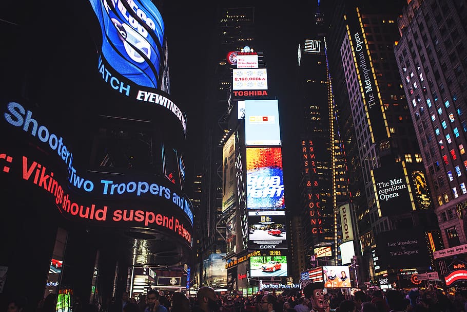 Manhattan, Nueva York, tiro nocturno, Times Square, urbano, ciudad, noche, calle, escena urbana, luz de neón