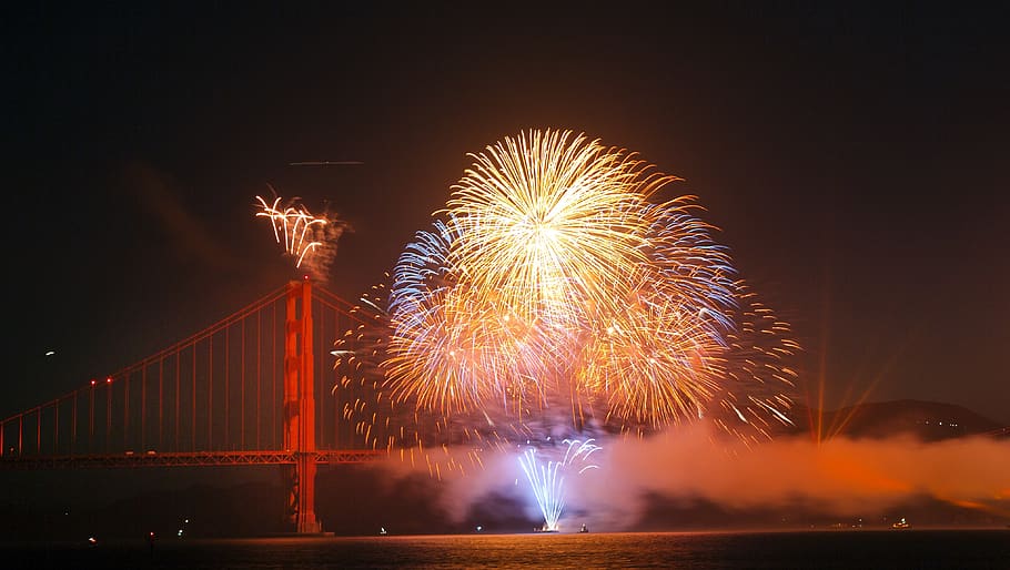fireworks, golden gate bridge, san francisco, celebration, landmark, anniversary, bay, pyrotechnics, cityscape, display