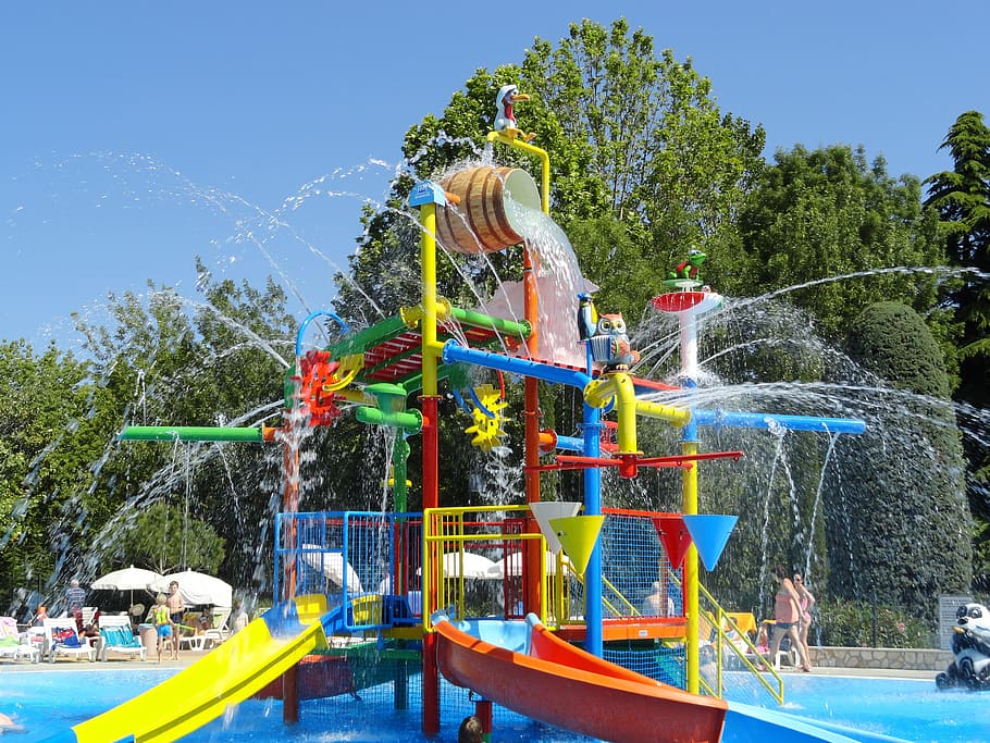 Fountain, Fun, Swimming Pool, pool, sunny, heat, water, summer, holidays, motion