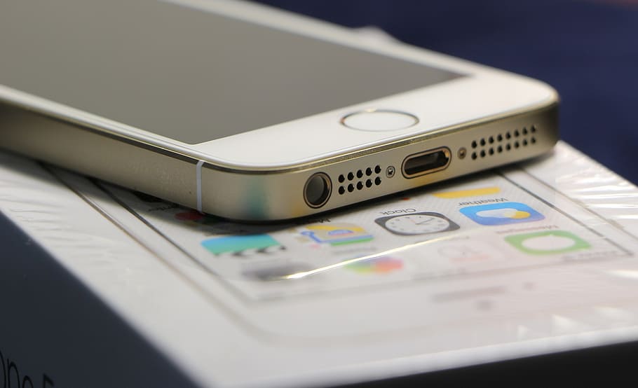 iphone emas 5, 5s, atas, kotak, iphone, apel, foto telepon statis, teknologi, teknologi nirkabel, close-up