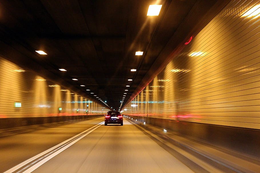 terowongan, mobil, lalu lintas, jalan, aspal, mendorong, penerangan, cahaya, gerakan, kecepatan