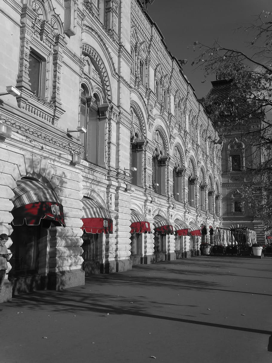 black and white, russia, red, historically, capital, old town, soviet union, red square, tourism, facade