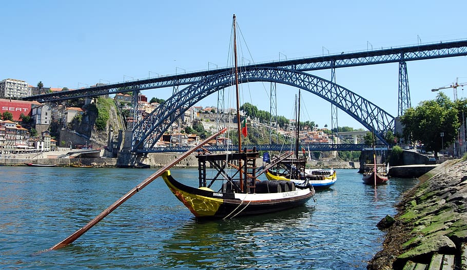 bridge, boat, river, oporto, portugal, iron, arc, ancient, transportation, architecture