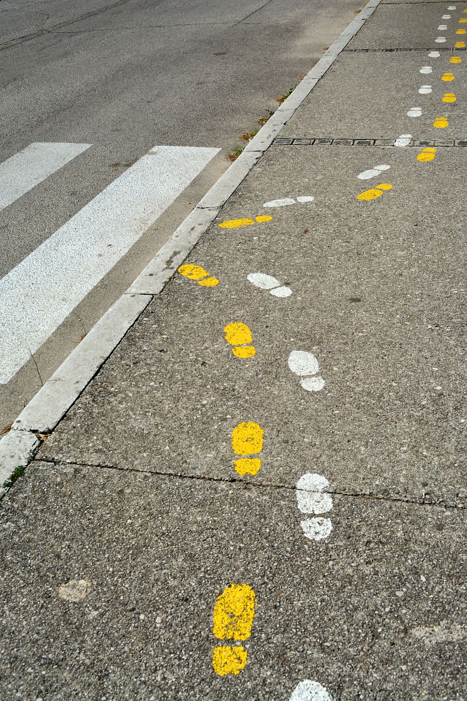 footprint, foot mark, tracing, track, shape, yellow prints, asphalt, zebra crossing, road, sign