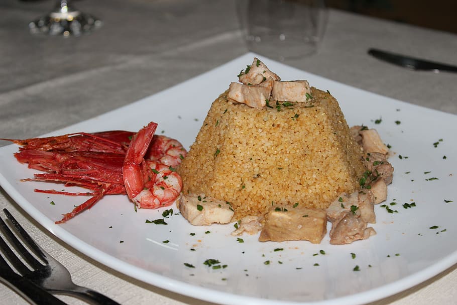 cous cous, dish, fish, prawn, food, arabic cuisine, sicily, maghreb, dinner, table