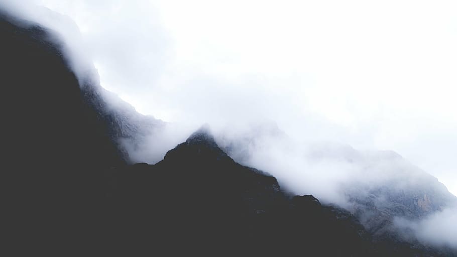 negro, montaña, cubierto, niebla, nubes, tierras altas, valle, paisaje, frío, oscuro