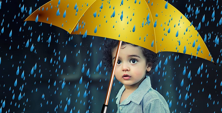 child, holding, yellow, umbrella, protection, rain, protect, security, protection of minors, consumer protection