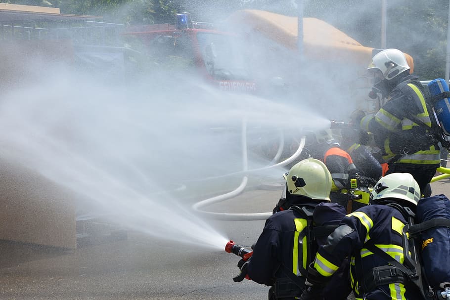 firemen spraying, water hose, Fire, Delete, Brand, Exercise, fire fighting, use, fire fighter, fire delete