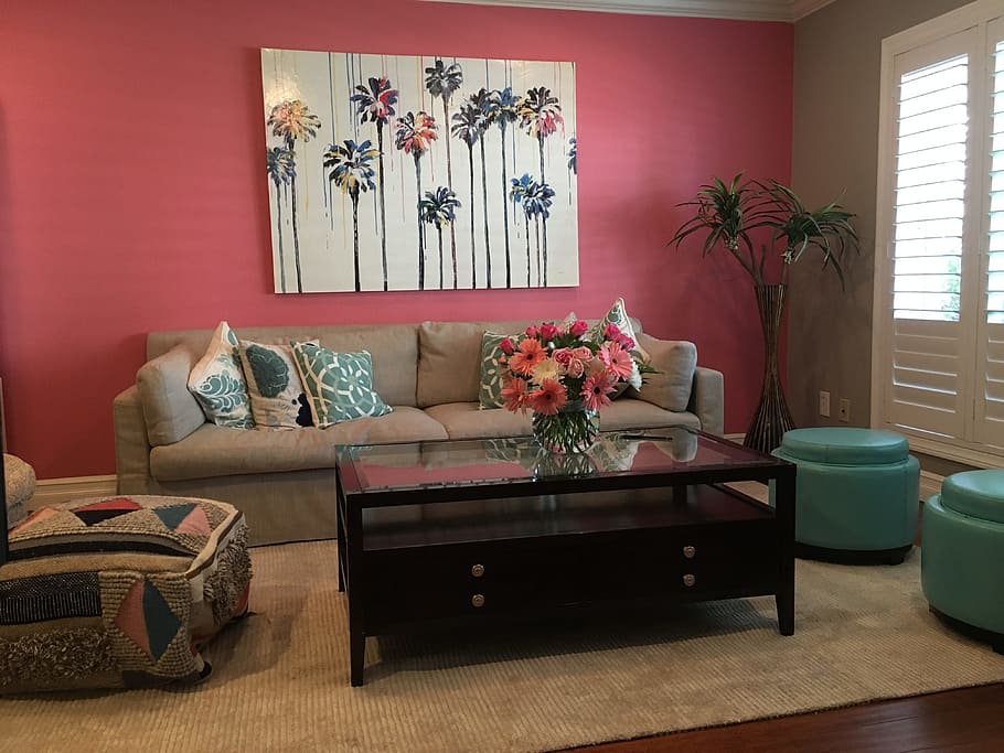 brown, blue, living, room furniture, set, living room, pink wall, modern, pink, interior
