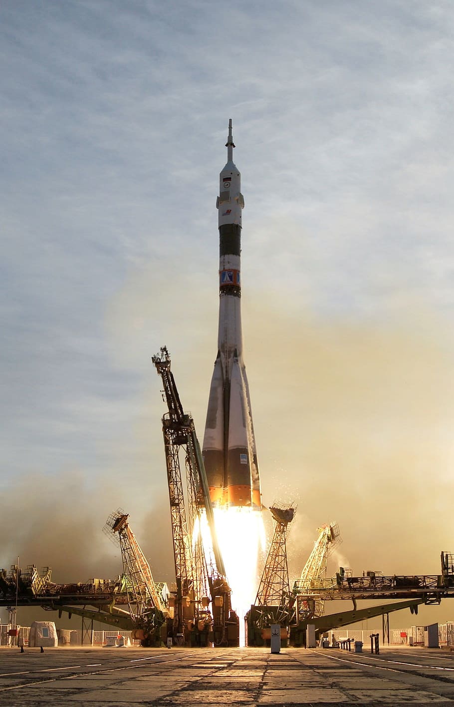 transbordador espacial, lanzamiento, dorado, hora, cohete Soyuz, inicio, cohete, soyuz, despegue, fuego