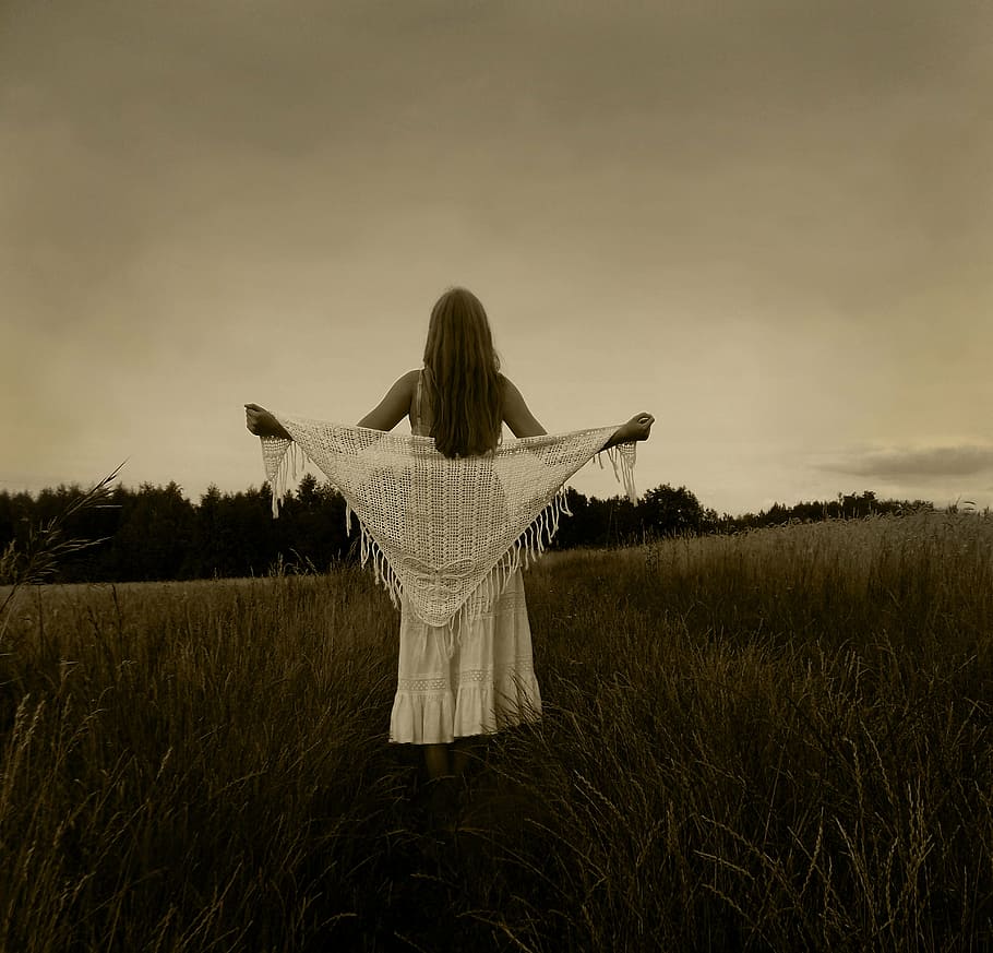 woman, white, strapless dress, holding, scarf, green, grass, twilight, sepia, nature
