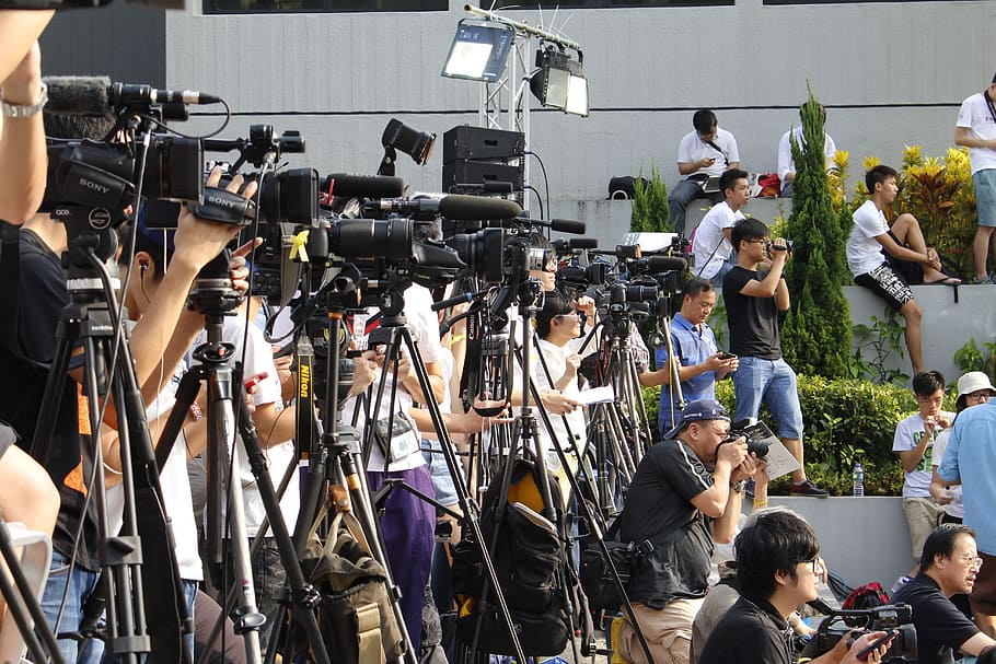 cámaras, toma, foto, cámaras de video, durante el día, hong kong, medios de comunicación, cámara, periodista, kong