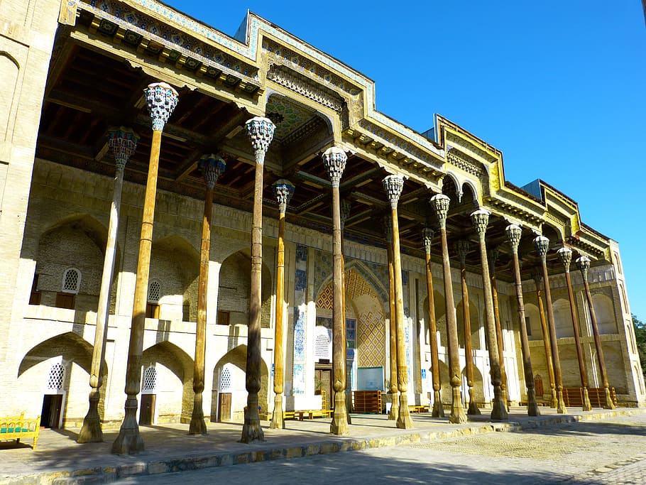Bolo, Hauz, Mezquita, Columnar, Bolo Hauz, talla de madera, Bukhara, Uzbekistán, arquitectura, estructura construida