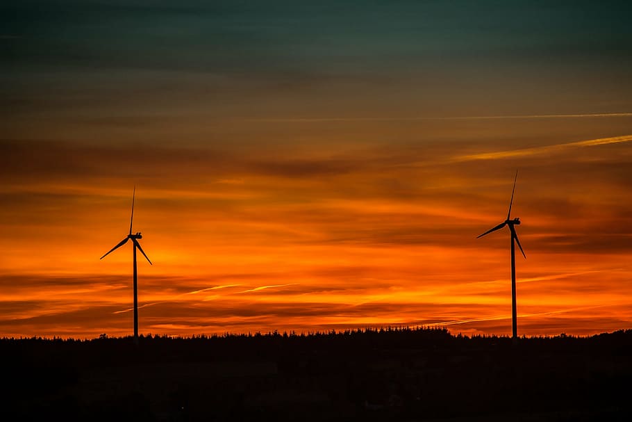 silhouette, two, windmills, sunset, setting sun, windräder, abendstimmung, evening sky, afterglow, nature