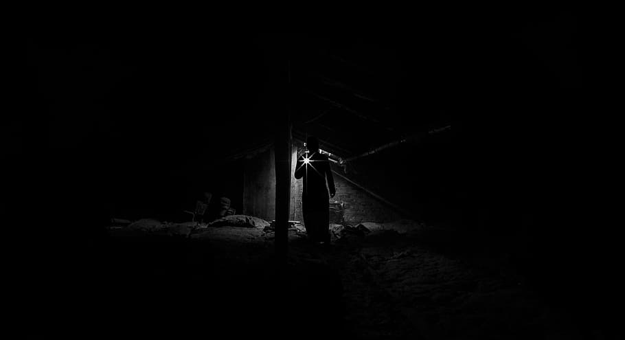 silhouette, man, holding, light, people, alone, attic, roof, dark, dirty