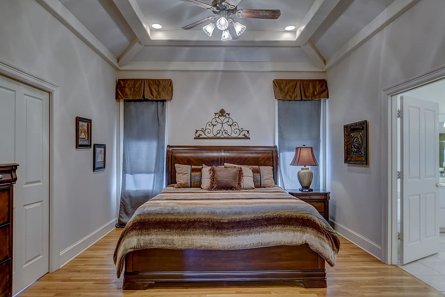 brown, gray, bedroom, interior, room, inside, rug, lamp, furniture, house