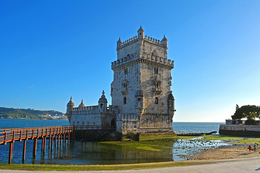 marrom, castelo, corpo, água, torre de belen, lisboa, portugal, agua, arquitetura, estrutura construída