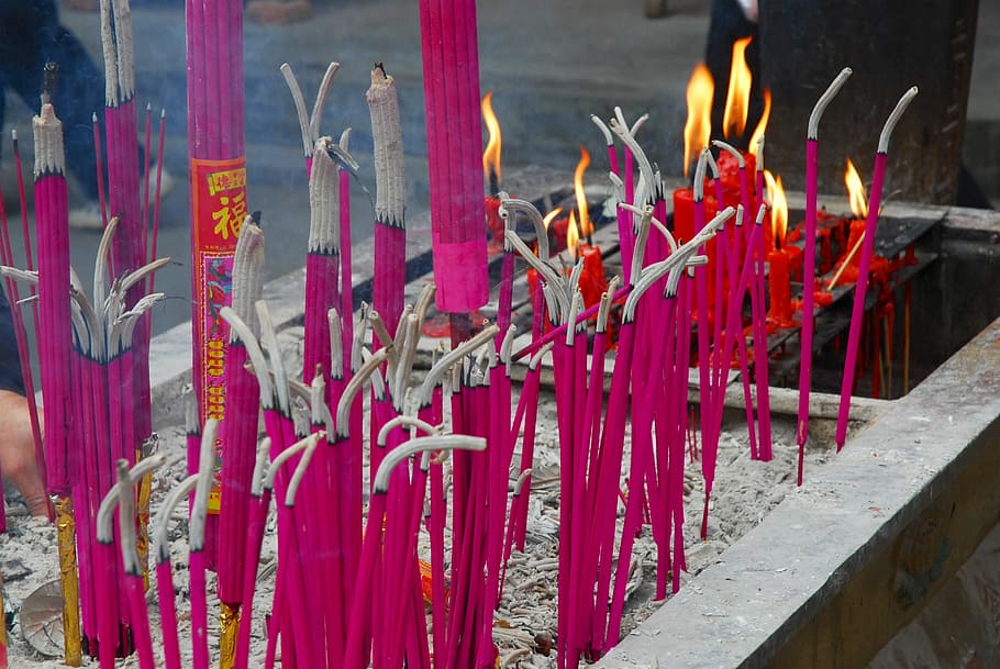 burning incense, religion, buddhist, belief, spirituality, place of worship, incense, built structure, building, red