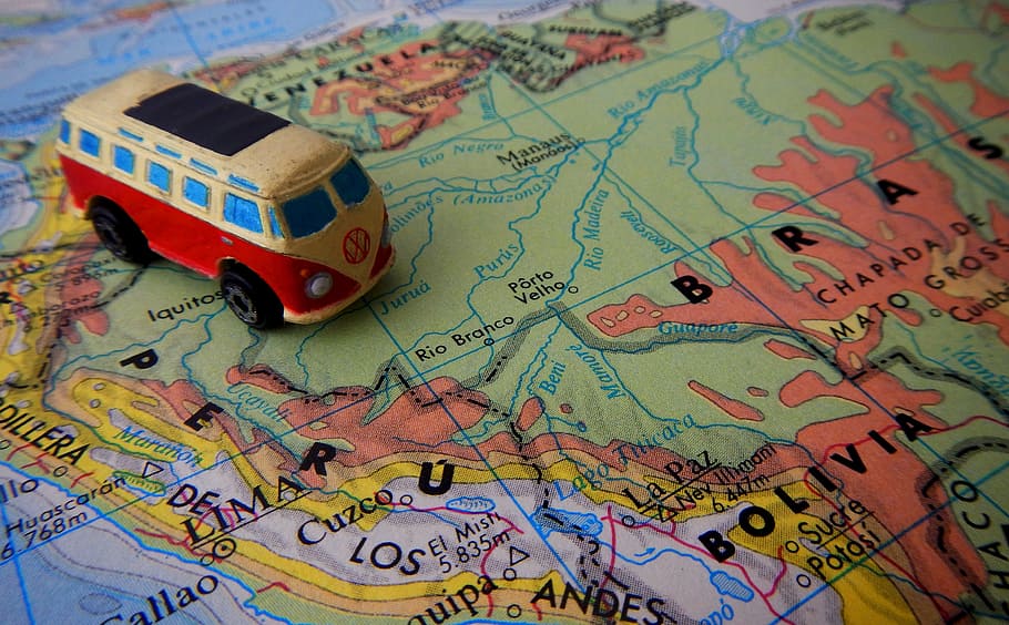 rojo, amarillo, volkswagen, transportador, 2, escala, modelo, juguete, mapa, viaje