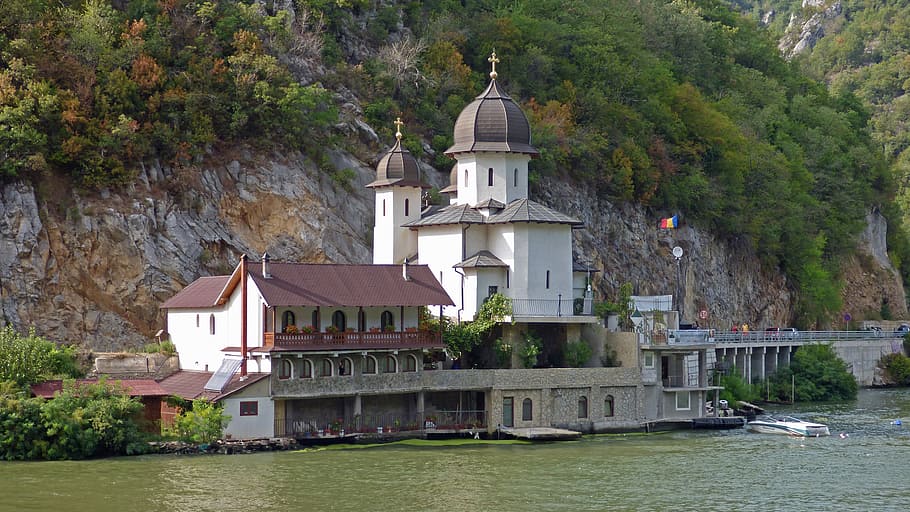 danube, iron gate, mracuna, monastery, river, gorge, romania, orthodox, landmark, building exterior