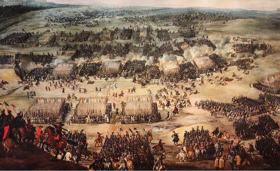 painting, middle ages, battle, war, nuremberg, crowd, large group of people, real people, group of people, high angle view