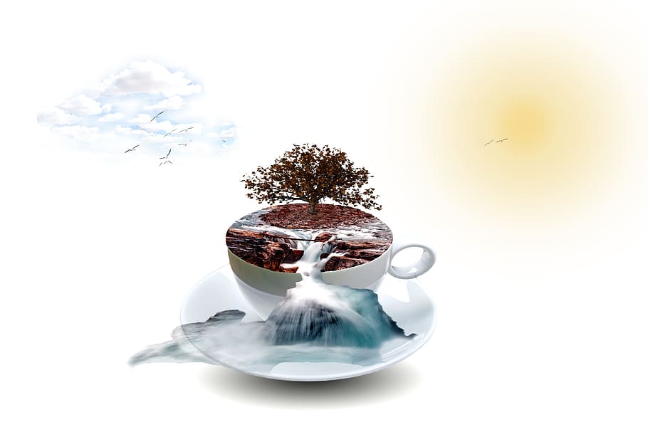 white, ceramic, mug, saucer, photo montage, cup, waterfall, spray, tree, landscape