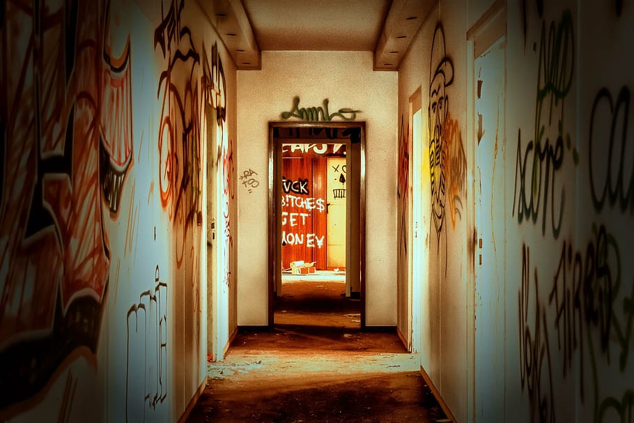 hallway with graffiti, lost places, office, crash, leave, broken, old building, decay, building, demolition