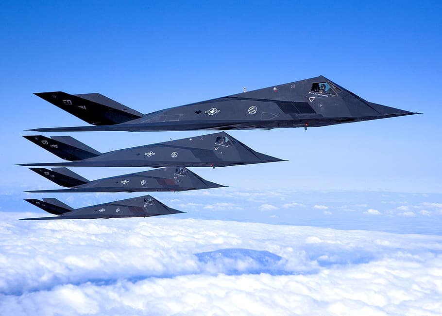 Nighthawks, sortie, Antelope Valley, empat pesawat tempur hitam, langit, kendaraan udara, pesawat terbang, transportasi, terbang, moda transportasi