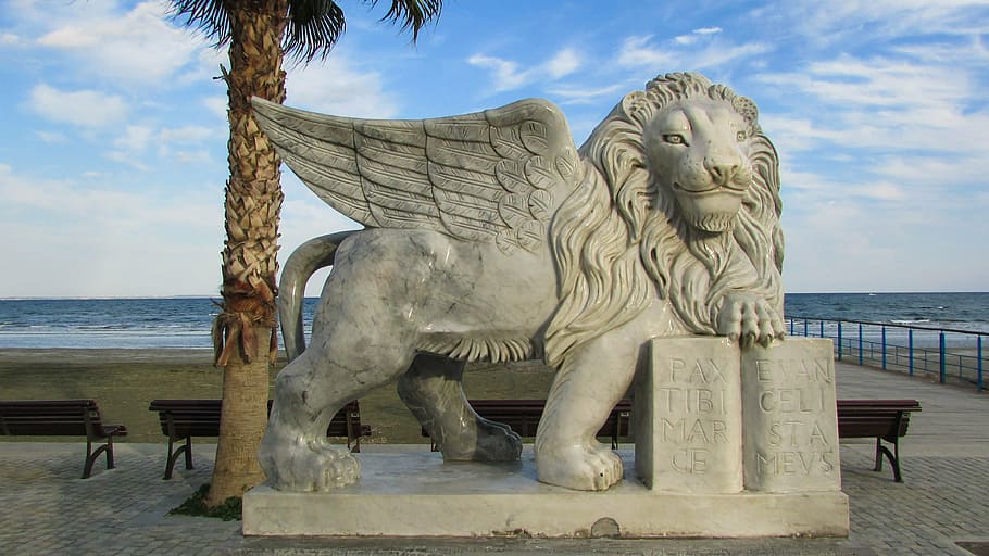 cyprus, larnaca, lion, winged lion, statue, water, art and craft, sculpture, representation, sea