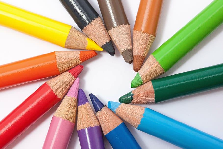 lápis de cor, formação, círculo, estrela, círculo de cor, dispositivo de escrita ou desenho, colorido, com minas coloridas, capa da mina, madeira lacada