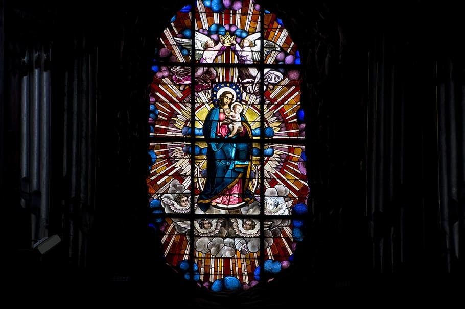 mary, baby jesus artwork, church, window, church window, stained glass, stained glass window, color, mosaic, holy