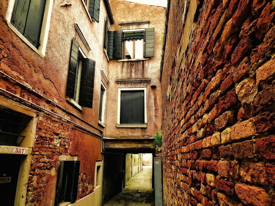 architectural, photography, brown, brick wall, venice, architecture, buildings, italy, alley, lane